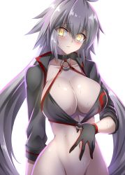 Rule 34 | 1girl, ahoge, bikini, bikini pull, black bikini, black jacket, blush, bottomless, breasts, choker, cleavage, clothes pull, collarbone, commentary request, cowboy shot, cropped jacket, fate/grand order, fate (series), glowing, glowing eyes, groin, hair between eyes, hellandheaven, highres, jacket, jeanne d&#039;arc alter (swimsuit berserker) (fate), jeanne d&#039;arc (fate), jeanne d&#039;arc alter (fate), jeanne d&#039;arc alter (swimsuit berserker) (fate), large breasts, long hair, looking at viewer, o-ring, pale skin, shrug (clothing), solo, swimsuit, very long hair, yellow eyes