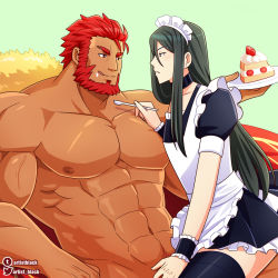Rule 34 | abs, alternate costume, apron, artist black, bara, beard, birthday cake, black hair, black legwear, cake, cape, choker, clothed male nude male, completely nude, crossdressing, facial hair, fate/grand order, fate (series), food, green hair, iskandar (fate), large pectorals, licking lips, long hair, lord el-melloi ii, maid, maid headdress, male focus, manly, muscular, nipples, nude, pectorals, smile, thighhighs, tongue, tongue out, trap, upper body, waver velvet, wrist cuffs, yaoi