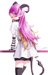 Rule 34 | 1girl, detached sleeves, earrings, headphones, hololive, horns, jewelry, long hair, looking at viewer, looking back, mano aloe, multicolored hair, pink hair, ribbon, shorts, thighhighs, two-tone hair, virtual youtuber, yo na