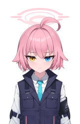 Rule 34 | 1girl, absurdres, ahoge, armband, blue archive, blue eyes, blue necktie, blue vest, closed mouth, collared shirt, halo, heterochromia, highres, hoshino (blue archive), hoshino (young) (blue archive), looking at viewer, necktie, pink hair, sbbs, shirt, short hair, solo, upper body, vest, white shirt, yellow eyes