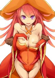Rule 34 | 1girl, bare shoulders, breasts, detached sleeves, hands on own chest, hat, highres, laila (p&amp;d), large breasts, leotard, long hair, looking at viewer, lyra (p&amp;d), memento vivi, open mouth, pink hair, purple eyes, puzzle &amp; dragons, raira (p&amp;d), smile, solo, wide sleeves