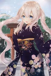 Rule 34 | 1girl, :d, absurdres, blue kimono, blue sky, blush, commentary request, day, fate/grand order, fate (series), floral print, flower, hair between eyes, hair flower, hair ornament, highres, huge filesize, japanese clothes, kimono, light brown hair, long hair, long sleeves, marie antoinette (fate), obi, open mouth, outdoors, print kimono, sash, sidelocks, sky, smile, snowing, solo, torii, twintails, uzuki tsukuyo, very long hair, white flower, wide sleeves