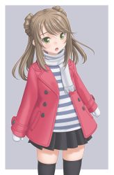 Rule 34 | 10s, 1girl, absurdres, alternate costume, black thighhighs, blonde hair, casual, coat, double bun, green eyes, grey background, hair bun, highres, kantai collection, michishio (kancolle), mittens, open mouth, shirt, short hair, short twintails, skirt, smile, solo, striped clothes, striped shirt, t2r, thighhighs, twintails