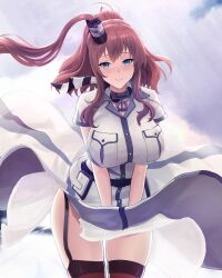 Rule 34 | 1girl, absurdres, blue eyes, blush, breast pocket, breasts, brown hair, cloud, cloudy sky, cowboy shot, day, dress, hair between eyes, hair ornament, high side ponytail, highres, kantai collection, large breasts, long hair, looking at viewer, neckerchief, odachu, outdoors, pocket, ponytail, red neckerchief, red thighhighs, saratoga (kancolle), saratoga mk ii (kancolle), side ponytail, sky, smile, smokestack, smokestack hair ornament, solo, thighhighs, white dress, wind