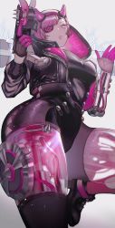 Rule 34 | 1girl, :o, animification, apex legends, black bodysuit, black headwear, black jacket, blue eyes, bodysuit, breasts, cyber punked wattson, cyberpunk, electricity, eyepatch, gun, handgun, highres, holding, holding gun, holding weapon, hood, hooded jacket, horns, jacket, lipstick, looking down, makeup, mechanical arms, mechanical legs, medium breasts, official alternate costume, one eye covered, open hand, pink eyes, pink hair, pistol, purple lips, science fiction, single mechanical arm, solo, thick thighs, thighs, tsukura sae, wattson (apex legends), weapon