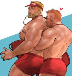 Rule 34 | 2boys, ass, bara, bare pectorals, beard, blonde hair, blush, body hair, carrying, carrying under arm, chest hair, dopey (dopq), facial hair, grabbing, highres, hug, hug from behind, large pectorals, lifeguard, male focus, male swimwear, multiple boys, muscular, muscular male, orange hair, original, pectoral grab, pectorals, red male swimwear, red swim trunks, short hair, surfboard, surprised, swim trunks, swimsuit, thick thighs, thighs, whistle, whistle around neck, wide-eyed, yaoi