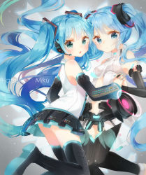 Rule 34 | 2girls, blue hair, boots, bridal gauntlets, center opening, character name, clone, detached sleeves, holding hands, hatsune miku, hatsune miku (append), hatsune miku (vocaloid3), headset, highres, interlocked fingers, jimmy madomagi, long hair, multiple girls, necktie, skirt, thigh boots, thighhighs, twintails, very long hair, vocaloid, vocaloid append