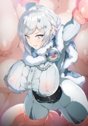 Rule 34 | 1girl, akershus fortress (oshiro project), badge, blue cape, blue eyes, bodysuit, breasts, cable, cape, center frills, fluff, frills, fur-trimmed cape, fur trim, grey hair, highres, large breasts, long sleeves, nandz, oshiro project:re, oshiro project:re, pants, peril, restrained, shirt, teeth, thick thighs, thighs, tight clothes, tight pants, tight shirt