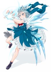 Rule 34 | 1girl, bad id, bad perspective, bad pixiv id, blue eyes, blue hair, blush, boots, bow, cirno, clenched teeth, cocked eyebrow, commentary, danmaku, dress, energy, full body, gotou (nekocat), hair bow, highres, ice, ice wings, messy hair, scarf, short hair, solo, teeth, touhou, white background, wind, wings