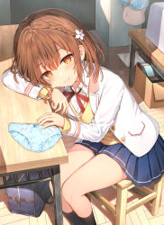 Rule 34 | 1girl, black socks, blue bra, blue panties, blue skirt, blush, bow, bow bra, bow panties, bra, braid, brown eyes, brown hair, chair, closed mouth, cover image, feet out of frame, flower, hair flower, hair ornament, indoors, jacket, lingerie girl wo okini mesu mama, long sleeves, miniskirt, mizuno mio, novel illustration, official art, open clothes, open jacket, panties, unworn panties, pleated skirt, revision, school uniform, short hair, sidelocks, skirt, smile, socks, solo, sune (mugendai), sweater, table, textless version, thighs, underwear, white jacket, wooden chair, yellow sweater