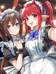 Rule 34 | 2girls, :d, absurdres, alternate costume, amiya (arknights), animal ears, apron, arknights, bell, blue bow, blue eyes, blue neckwear, blush, bow, bowtie, brown hair, rabbit ears, chinese commentary, commentary request, highres, horns, indoors, jingle bell, lan yu, long hair, looking at viewer, maid apron, maid headdress, multiple girls, open mouth, pointy ears, ponytail, red eyes, red hair, smile, twintails, upper body, vigna (arknights), wrist cuffs