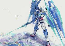 Rule 34 | 00 qan[t], 00 qan[t] full saber, commentary, field, flower, flower field, green eyes, gundam, gundam 00, gundam 00 a wakening of the trailblazer, highres, holding, holding sword, holding weapon, kare (0621utak), looking down, mecha, mobile suit, no humans, petals, robot, science fiction, shield, solo, sword, v-fin, weapon, white background