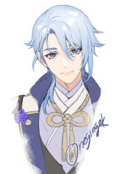Rule 34 | 1boy, blue eyes, blue hair, closed mouth, commentary, cropped shoulders, genshin impact, hair between eyes, japanese clothes, kamisato ayato, looking at viewer, male focus, mole, mole under mouth, onegingek, portrait, signature, simple background, solo, symbol-only commentary, tassel, white background
