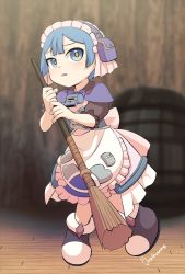Rule 34 | apron, artist name, back bow, barrel, blue hair, blurry, blurry background, blush, boots, bow, bowtie, broom, brown footwear, capelet, dress, full body, hands up, have to pee, holding, indoors, kakuume, knees together feet apart, light blush, made in abyss, maid, maid headdress, maruruk, pouch, purple bow, purple bowtie, purple capelet, short hair, short sleeves, signature, solo, standing, standing on one leg, whistle, white apron