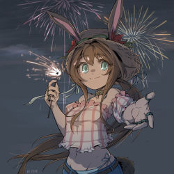 Rule 34 | 1girl, amiya (arknights), animal ears, arknights, artist name, bikini, bikini under clothes, black collar, blue bikini, blue eyes, blue shorts, brown hair, brown hat, collar, detached sleeves, ears through headwear, eyewear on headwear, fireworks, green-framed eyewear, green-tinted eyewear, groin, hat, highres, holding, holding fireworks, infection monitor (arknights), jewelry, long hair, looking at viewer, midriff, multiple rings, navel, night, night sky, off-shoulder shirt, off shoulder, official alternate costume, outstretched arm, pink shirt, plaid, plaid shirt, ponytail, rabbit ears, rabbit girl, rabbit tail, ring, robinlovesop, shirt, short sleeves, shorts, side-tie bikini bottom, sidelocks, sky, smile, solo, sparkler, split mouth, straw hat, swimsuit, tail, thumb ring, tinted eyewear, very long hair