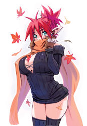 Rule 34 | 1girl, autumn leaves, blue eyes, breasts, cleavage, covered mouth, cowboy shot, earrings, covered erect nipples, gloves, highres, jewelry, large breasts, leaf, maple leaf, mugen no fantasia, orange scarf, pointy ears, red hair, ryoji (nomura ryouji), scarf, solo, spiked gloves, spikes, thighhighs, twintails