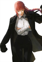 Rule 34 | black coat, black necktie, black pants, braid, braided ponytail, chainsaw man, coat, collared shirt, crossed arms, etama quomo, facing viewer, floating clothes, floating hair, floating neckwear, formal, makima (chainsaw man), medium hair, necktie, pants, red hair, shirt, shirt tucked in, sidelocks, simple background, solo, suit, white background, white shirt