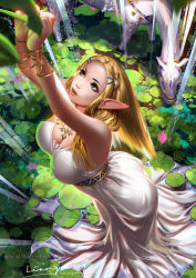 Rule 34 | 1girl, arms up, blonde hair, bracelet, breasts, dress, flower, green eyes, highres, horse, jewelry, leaf, liang xing, lily pad, looking up, necklace, nintendo, parted lips, partially submerged, pointy ears, princess zelda, standing, strapless, strapless dress, the legend of zelda, the legend of zelda: breath of the wild, water, white dress