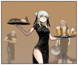 Rule 34 | 1girl, alcohol, beer, black dress, black ribbon, border, bright pupils, brown background, china dress, chinese clothes, closed mouth, cowboy shot, cup, double bun, dress, drinking glass, food, gogalking, grey hair, hair ribbon, highres, holding, holding tray, junior (gogalking), meme, original, ribbon, side slit, spilling, standing, steak, traffic cone, tray, white border, yellow eyes