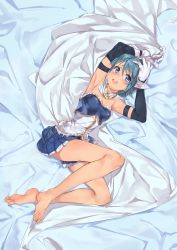 Rule 34 | 1girl, armpits, arms up, barefoot, bed sheet, blue eyes, blue hair, blue skirt, blush, breasts, cape, cleavage, feet, frilled shirt, frills, full body, geregere (lantern), gloves, hair between eyes, highres, looking away, lying, magical girl, mahou shoujo madoka magica, mahou shoujo madoka magica (anime), miki sayaka, on back, open mouth, shirt, short hair, skirt, smile, solo, thighs, white cape, white gloves