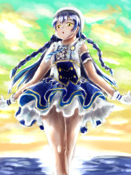 Rule 34 | 1girl, :o, absurdres, artist name, artist request, bare legs, blue hair, blush, braid, bridal garter, earrings, female focus, flower, gloves, hair between eyes, hair flower, hair ornament, hairclip, hat, highres, jewelry, long hair, looking at viewer, love live!, love live! school idol festival, love live! school idol festival all stars, love live! school idol project, necktie, ribbon, skirt, smile, solo, sonoda umi, standing, striped, striped necktie, white footwear, white gloves, yellow eyes
