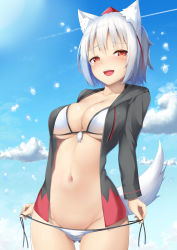 Rule 34 | 1girl, :d, animal ear fluff, animal ears, bikini, black jacket, blue sky, blush, breasts, cloud, collarbone, commentary request, cowboy shot, day, drawstring, gluteal fold, groin, halterneck, hat, highres, hood, hooded jacket, inubashiri momiji, jacket, large breasts, long sleeves, looking at viewer, navel, nose blush, open clothes, open jacket, open mouth, outdoors, red eyes, short hair, side-tie bikini bottom, sidelocks, silver hair, sky, smile, solo, standing, stomach, swimsuit, tail, tassel, tatsumiya kagari, tokin hat, touhou, untied bikini, water drop, white bikini, wolf ears, wolf tail