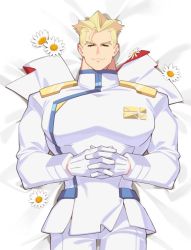 Rule 34 | 1boy, blonde hair, closed mouth, closed eyes, flower, gloves, jacket, kray foresight, lying, male focus, muscular, muscular male, on back, pants, pectorals, promare, shirt, short hair, smile, solo, white-corner, white gloves