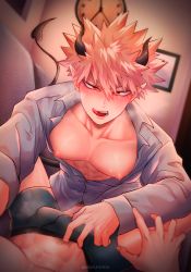 Rule 34 | 2boys, absurdres, artist name, asanuno1510, bakugou katsuki, bara, bare pectorals, black male underwear, blonde hair, blush, boku no hero academia, boxers, bulge, collared shirt, crotch grab, demon boy, demon horns, demon tail, erection, erection under clothes, grey shirt, groping, hand on another&#039;s crotch, highres, horns, large pectorals, licking, licking lips, male focus, male pubic hair, male underwear, midoriya izuku, multiple boys, muscular, muscular male, nipples, partially unbuttoned, pectorals, pointy ears, pubic hair, red eyes, shirt, short hair, solo focus, spiked hair, tail, tongue, tongue out, twitter username, underwear, yaoi