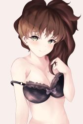 Rule 34 | 1girl, black bra, blush, bow, bra, brown hair, closed mouth, frilled bra, frills, green eyes, high ponytail, highres, holding, holding own hair, long hair, looking at viewer, orchid (orukido), ponytail, smile, solo, underwear, upper body, ushiromiya natsuhi