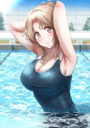Rule 34 | 1girl, armpits, arms up, blue one-piece swimsuit, blush, breasts, chain-link fence, cleavage, fence, hair bun, highres, ichikawa hinana, idolmaster, idolmaster shiny colors, light brown hair, looking at viewer, medium breasts, one-piece swimsuit, outdoors, parted bangs, partially submerged, pool, ruto mi, single hair bun, solo, swimsuit, upper body, water drop