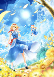Rule 34 | 1girl, alice margatroid, alternate eye color, arkatopia, arms up, blonde hair, blue sky, bobby socks, bow, cloud, cloudy sky, day, doll, dress, field, flower, flower field, from below, hair bow, hairband, highres, lens flare, long hair, looking at viewer, mary janes, mountain, neck ribbon, outdoors, puffy short sleeves, puffy sleeves, puppet strings, ribbon, scenery, shanghai, shanghai doll, shoes, short hair, short sleeves, skirt, sky, sleeveless, sleeveless dress, smile, socks, solo, standing, sun, touhou, tree, yellow eyes