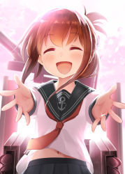 Rule 34 | 10s, 1girl, backless outfit, bell (oppore coppore), blush, brown hair, closed eyes, folded ponytail, gradient background, highres, inazuma (kancolle), incoming hug, jewelry, kantai collection, machinery, md5 mismatch, navel, neckerchief, open mouth, resolution mismatch, ring, school uniform, serafuku, shirt, skirt, smile, solo, source larger