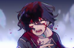 Rule 34 | 1boy, blood, blood in hair, blood on clothes, blood on face, blood on hands, blue hair, chinese commentary, chromatic aberration, commentary request, film grain, hair between eyes, highres, horizontal pupils, looking at viewer, male focus, miao zaitu, open mouth, saibou shinkyoku, shirt, short hair, shouting, solo, spoilers, stole, utsugi noriyuki, v-shaped eyebrows, white shirt, yellow eyes