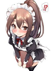 Rule 34 | !?, 1girl, alternate costume, apron, black dress, black thighhighs, brown eyes, brown hair, dress, enmaided, feet out of frame, frilled apron, frilled dress, frills, from above, highres, kantai collection, looking at viewer, maid, maid headdress, ponytail, simple background, solo, spoken interrobang, thighhighs, tray, white apron, white background, zarashi, zuihou (kancolle)