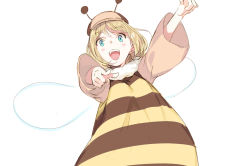 Rule 34 | 1girl, arm up, bee costume, blonde hair, blue eyes, blush, brown hat, brown shirt, deerstalker, fake antennae, fake wings, hat, hololive, hololive english, medium hair, open mouth, pako (pakosun), pointing, pointing at viewer, shirt, simple background, solo, teeth, virtual youtuber, watson amelia, white background, wide sleeves, wings