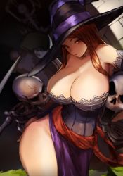 Rule 34 | 1girl, angry, armpits, bare shoulders, black dress, black gloves, bone, breasts, chirigami-san, cleavage, closed mouth, collarbone, cowboy shot, dragon&#039;s crown, dress, elbow gloves, empty eyes, expressionless, gloves, hand on own hip, hat, head tilt, highres, hip focus, huge breasts, long hair, looking at viewer, monster, necromancer, red eyes, red hair, sharp teeth, side slit, skeleton, solo, sorceress (dragon&#039;s crown), standing, strapless, strapless dress, teeth, thighs, undead, witch, witch hat