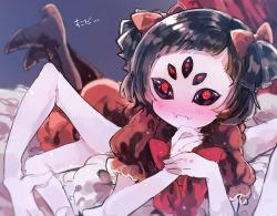 Rule 34 | 1girl, arthropod girl, black sclera, blunt bangs, blush, bow, brown hair, colored sclera, colored skin, dress, extra arms, fang, fangs, fangs out, hair bow, high heels, ikeuchi tanuma, insect girl, looking at viewer, lying, monster girl, muffet, nose blush, on stomach, own hands together, pale skin, purple skin, red bow, red dress, red eyes, short hair, skin fang, skin fangs, smile, solo, spider girl, translation request, two side up, undertale