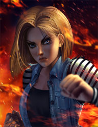 Rule 34 | 1girl, android 18, blonde hair, blue eyes, blurry, clenched hand, commentary, depth of field, dragon ball, dragonball z, fire, glaring, lavah, lips, looking at viewer, punching, realistic, shirt, short hair, solo, striped clothes, striped shirt, upper body