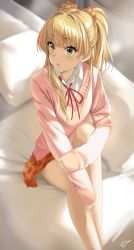 Rule 34 | 1girl, absurdres, bad id, bad twitter id, bed, bed sheet, blonde hair, blurry, blurry background, commentary request, depth of field, eyelashes, green eyes, highres, idolmaster, idolmaster cinderella girls, indoors, jougasaki rika, long hair, looking to the side, neck ribbon, on bed, open mouth, pillow, ribbon, scrunchie, shirt, signature, sitting, skirt, sleeves past wrists, solo, sweater vest, two side up, white shirt, wotori