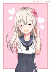 Rule 34 | 1girl, black neckerchief, black one-piece swimsuit, blonde hair, blue sailor collar, character name, closed eyes, commentary request, cosplay, cowboy shot, crop top, facing viewer, flower, hair flower, hair ornament, heart, highres, jinjin (jenejin), kantai collection, long hair, neckerchief, one-piece swimsuit, pink background, ro-500 (kancolle), ro-500 (kancolle) (cosplay), sailor collar, school swimsuit, sleeveless, smile, solo, swimsuit, swimsuit under clothes, twitter username, u-511 (kancolle)