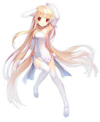 Rule 34 | 1girl, animal ears, arm up, armpits, blonde hair, blush, dress, elbow gloves, gloves, long hair, looking at viewer, original, rabbit ears, red eyes, ritsuki, simple background, solo, thighhighs, white background, white dress, white gloves, white thighhighs