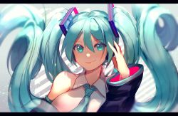 Rule 34 | 1girl, aqua eyes, aqua hair, aqua necktie, bare shoulders, black sleeves, commentary, detached sleeves, ei flow, english commentary, hair ornament, hand on headphones, hatsune miku, headphones, highres, letterboxed, lipstick, long hair, looking at viewer, makeup, necktie, rainbow, refraction, shirt, sleeveless, sleeveless shirt, smile, solo, twintails, upper body, very long hair, vocaloid, white shirt