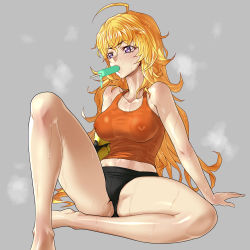 Rule 34 | 1girl, ahoge, black panties, blonde hair, breasts, commentary request, covered erect nipples, don (rg06268), food, grey background, highres, hot, knee up, large breasts, long hair, midriff peek, mouth hold, navel, no pants, orange shirt, panties, popsicle, prosthesis, prosthetic arm, purple eyes, pussy, rwby, see-through, shiny skin, shirt, simple background, solo, spread legs, steaming body, sweat, tank top, underwear, wavy hair, wet, wet clothes, yang xiao long