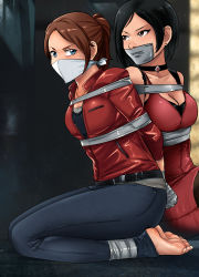 Rule 34 | 2girls, absurdres, ada wong, black hair, blue eyes, bound, bound ankles, bound torso, bound wrists, breasts, brown eyes, brown hair, capcom, choker, claire redfield, cleavage, cloth gag, dress, earrings, gag, gagged, highres, improvised gag, jewelry, legs, lost one zero, medium breasts, multiple girls, over the nose gag, red dress, resident evil, resident evil 2, seiza, shirt, shorts, sitting, sweat, tape, tape gag, thighs