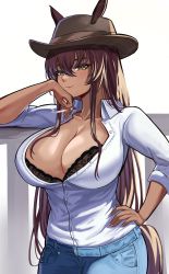 Rule 34 | 1girl, absurdres, animal ears, armrest, bad id, bad pixiv id, bra, breasts, brown hair, cigarette, cleavage, collarbone, commission, cowboy shot, crossed bangs, dark-skinned female, dark skin, denim, ears through headwear, hair ribbon, hand on own hip, hand up, hat, highres, holding, holding cigarette, horse ears, horse girl, horse tail, jeans, lace, lace-trimmed bra, lace trim, large breasts, long hair, looking at viewer, loooyd, nail polish, open clothes, open shirt, original, pants, pink nails, ribbon, simple background, smile, solo, standing, tail, tan, underwear, yellow eyes
