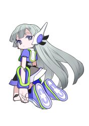 Rule 34 | 1girl, absurdres, aiobahn, android, blue eyes, blunt bangs, boots, circle skirt, closed mouth, expressionless, eyeshadow, full body, grey hair, highres, jacket, joints, kneeling, kokaki mumose, long hair, looking at viewer, looking back, makeup, purple eyeshadow, purple jacket, robot joints, second-party source, shoe soles, short sleeves, simple background, solo, very long hair, white background