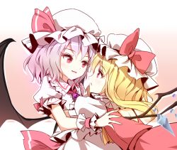 Rule 34 | 2girls, bat wings, blonde hair, blush, bow, commentary request, face-to-face, flandre scarlet, gem, hat, hat bow, hat ribbon, incest, looking at another, miko embrace, minust, mob cap, multiple girls, open mouth, purple hair, red bow, red eyes, red ribbon, remilia scarlet, ribbon, siblings, sisters, touhou, wings, wrist cuffs, yuri