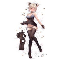 Rule 34 | 1girl, :q, ammunition, artist name, aztodio, bed sheet, black choker, black gloves, black skirt, black thighhighs, blush, bow, bow panties, brown hair, bullet, bullpup, cartridge, choker, closed mouth, clothes lift, collarbone, dakimakura (medium), double bun, fn 5.7x28mm, from above, full body, girls&#039; frontline, gloves, gun, hair bun, high-waist skirt, highres, horizontal magazine, lifting own clothes, lying, on back, on bed, p90, p90 (girls&#039; frontline), panties, partially fingerless gloves, pdw cartridge, personal defense weapon, purple panties, purple ribbon, red eyes, ribbon, see-through, short hair, side-tie panties, skirt, skirt lift, smile, solo, submachine gun, thighhighs, tongue, tongue out, translucent, underwear, watermark, weapon, web address, yellow bow
