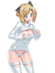 Rule 34 | 1girl, animal ears, blonde hair, blue eyes, blush, breasts, cleavage, cleavage cutout, clothing cutout, copyright request, cowboy shot, large breasts, meme attire, open-chest sweater, open mouth, ribbed sweater, short hair, simple background, solo, sweater, takada kazuhiro, turtleneck, white background, white theme