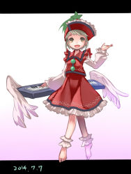 Rule 34 | 1girl, angel wings, ankle cuffs, barefoot, brown hair, dated, frilled skirt, frills, full body, hand up, hat, highres, instrument, keyboard (instrument), letterboxed, lyrica prismriver, namauni, open mouth, shooting star, short hair, skirt, skirt set, smile, solo, touhou, wings